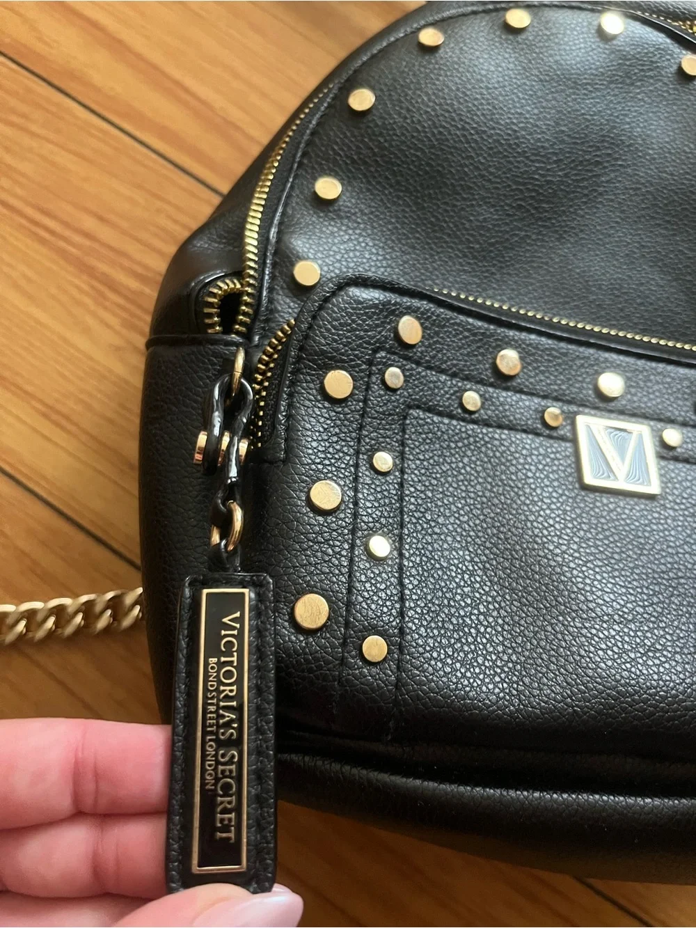 Victoria’s Secret Black Mini Backpack Purse with Gold Chain Detail